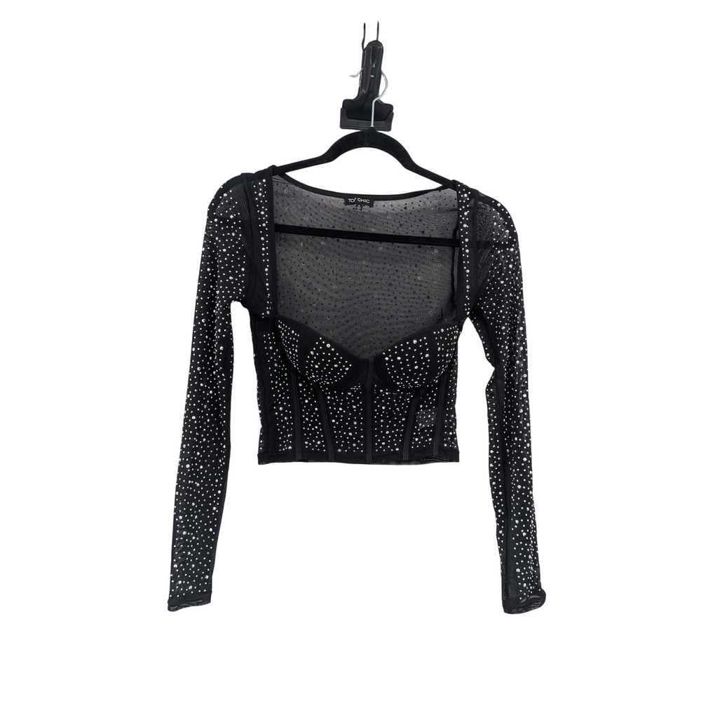 Whimsigoth Fairygrunge Punk Rock Black Mesh Rhinestones Soft Corset Crop S Top - Picture 2 of 8